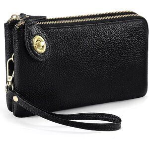 RFID Blocking Leather Black Wristlet Purse Women Small Clutch Zipper Pockets